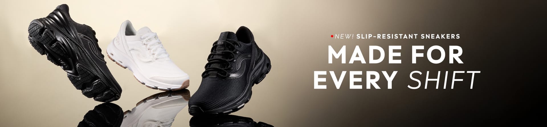 Three single Rykä shoes (including Devo EZ SR, Devo Max SR, and Devotion SR) over a pale yellow to black gradient background. It states 