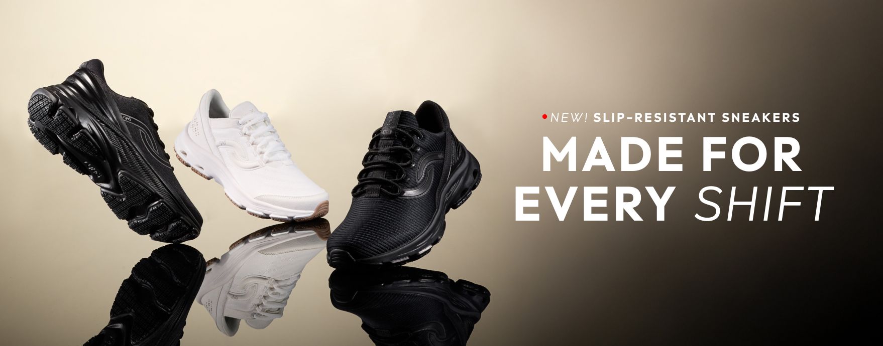 Three single Rykä shoes (including Devo EZ SR, Devo Max SR, and Devotion SR) over a pale yellow to black gradient background. It states 
