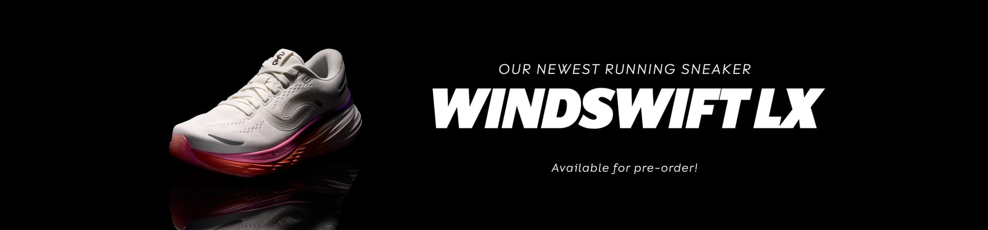 A black banner featuring a white and pink Rÿka Windswift LX Running sneaker. The text reads 