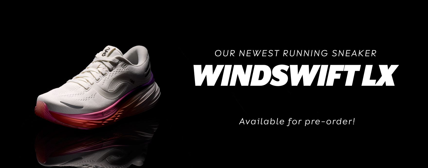A black banner featuring a white and pink Rÿka Windswift LX Running sneaker. The text reads 