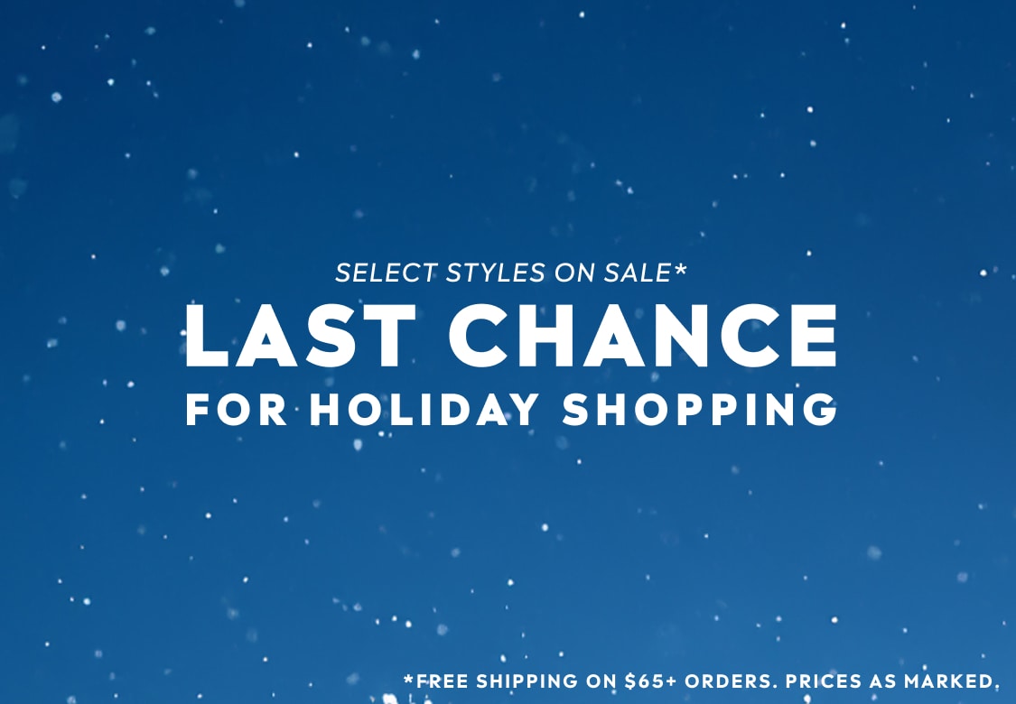 SELECT STYLES ON SALE. LAST CHANCE FOR HOLIDAY SHOPPING. FREE SHIPPING ON $65+ ORDERS. PRICES AS MARKED.