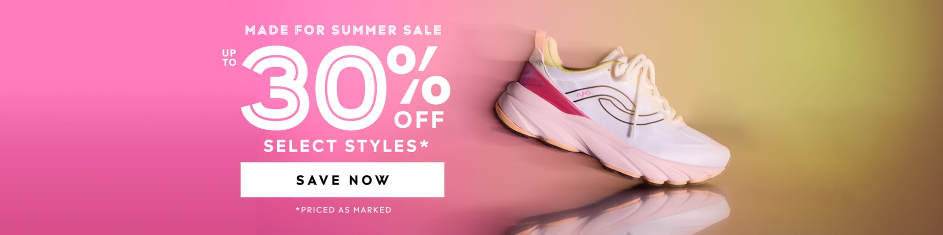 A pink to yellow ombre banner featuring a multicolored Rykä shoe. The white text on the banner says 