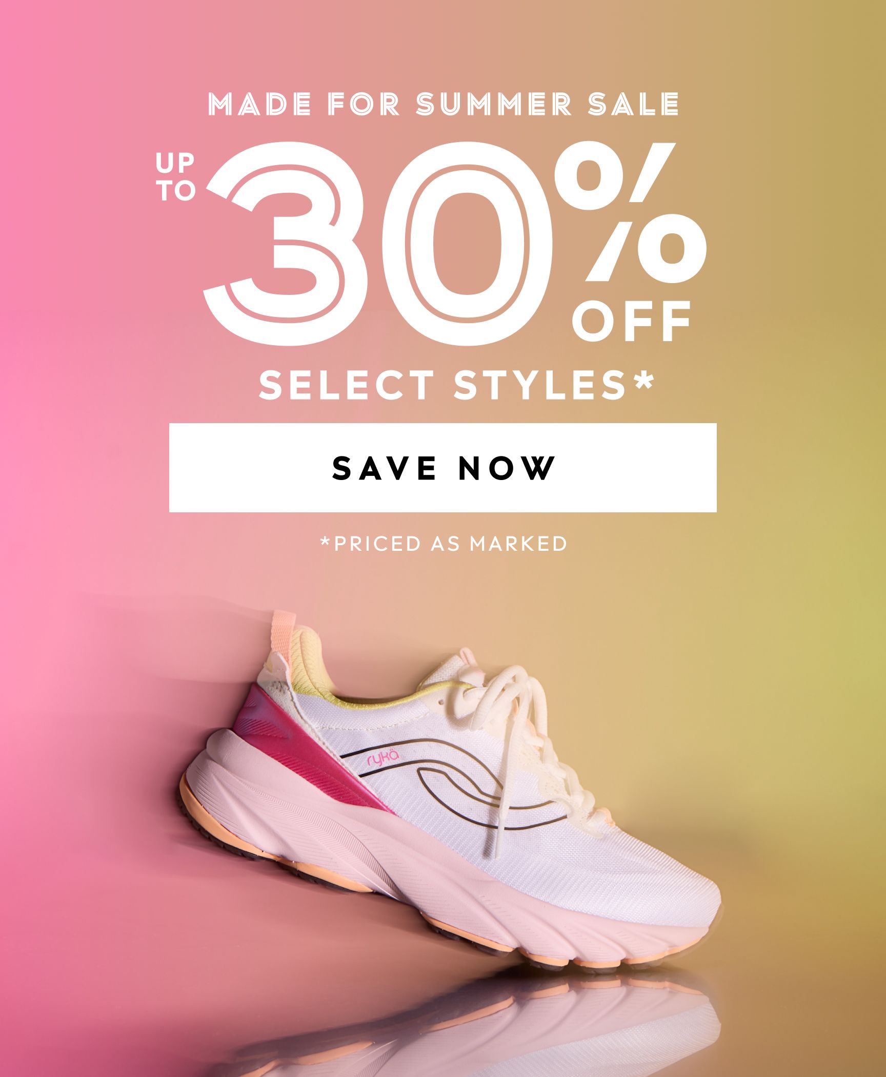 A pink to yellow ombre banner featuring a multicolored Rykä shoe. The white text on the banner says 