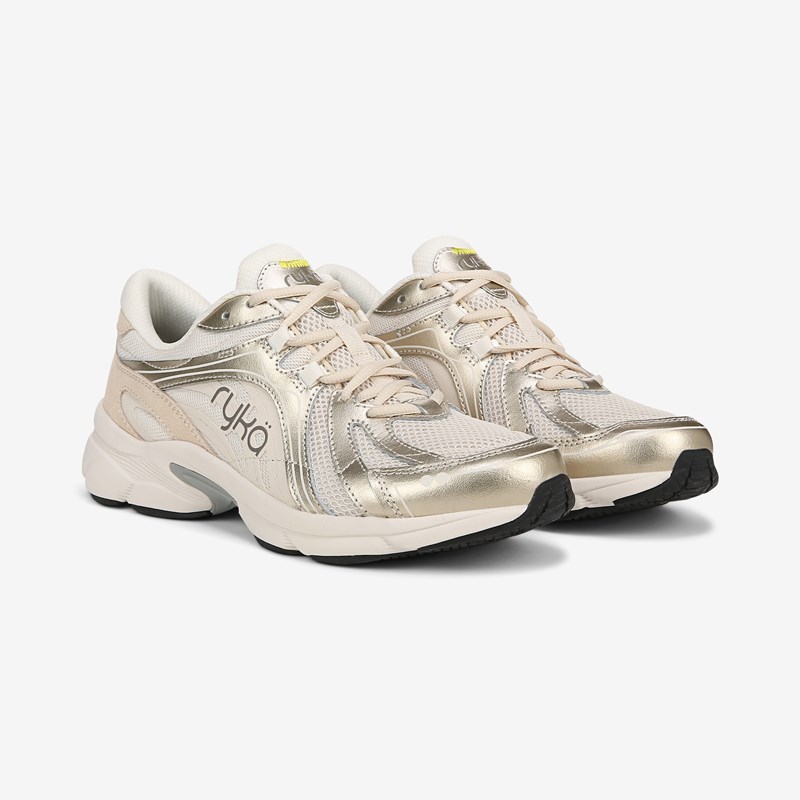 Ryka Skylift Walking Sneakers Gold Metallic Leather 9.0 M Arch Support, Breathable Mesh
