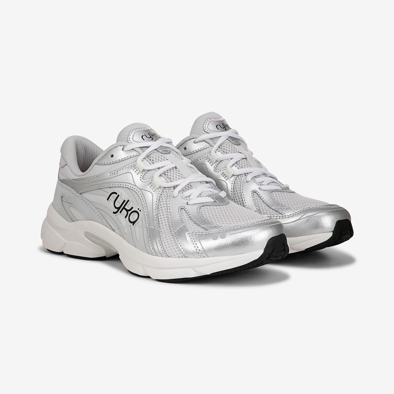 Ryka Skylift Walking Sneakers Quick Silver Leather 6.5 M Arch Support, Breathable Mesh