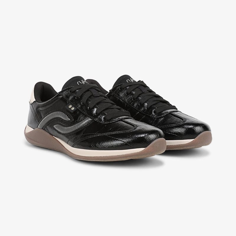 Ryka Era Lace Up Sneakers Black Faux Leather 9.0 W Arch Support