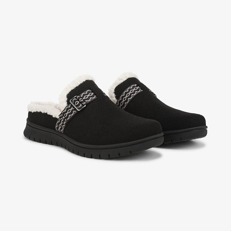 Ryka Sophie Mules Black Woven Fabric/Faux Fur 11.0 M Lightweight