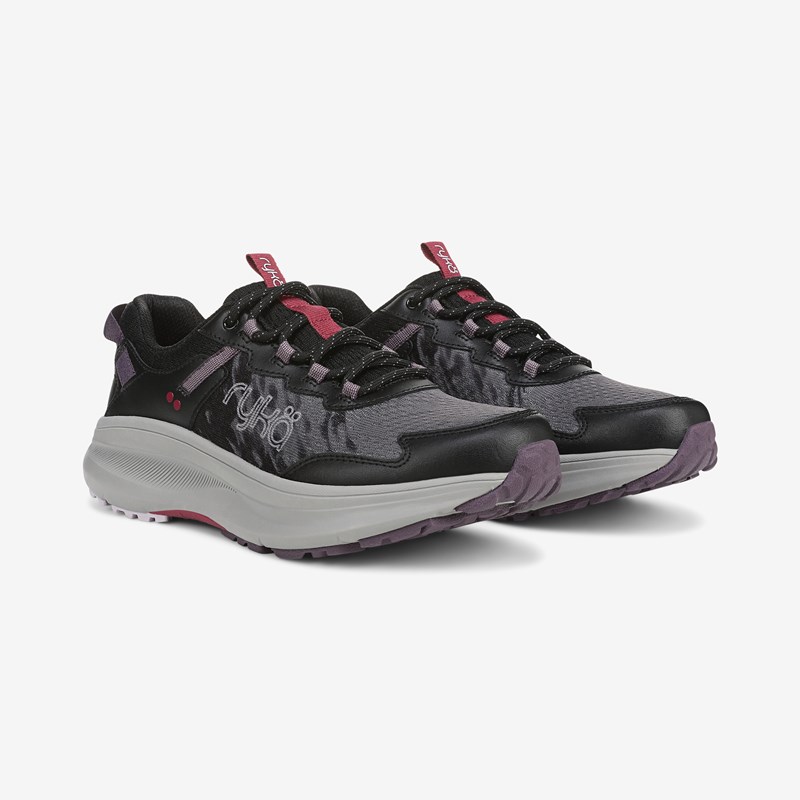 Ryka Treetop Trail Walking Sneakers Black Berry Leather/Mesh 7.0 M Arch Support