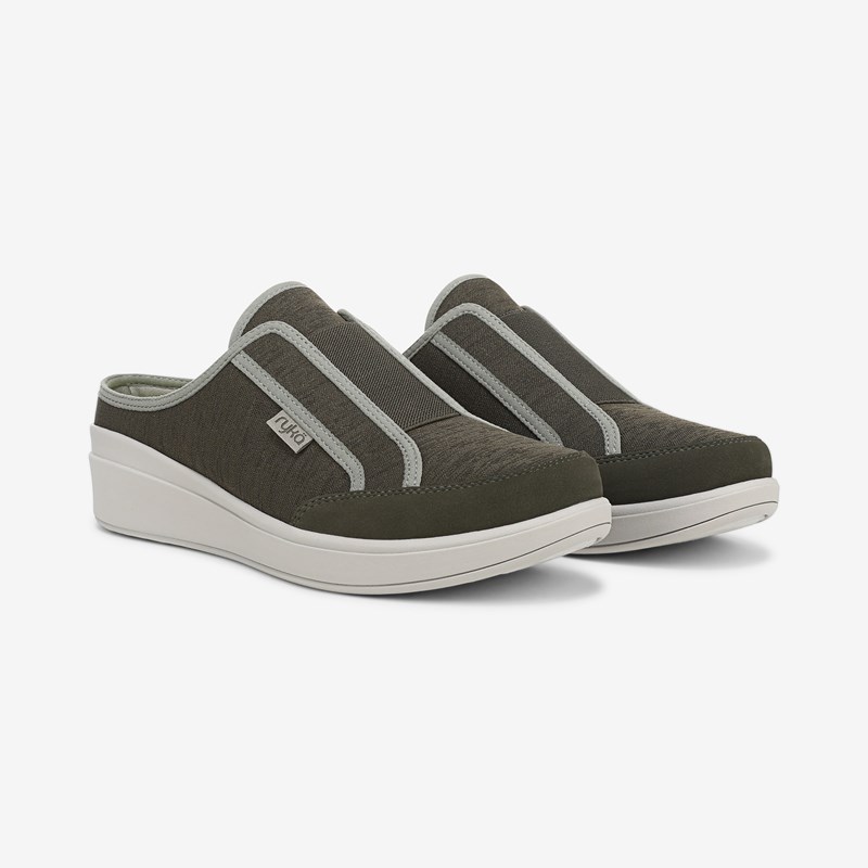 Ryka Lounge Slip On Mules Alpine Green Fabric 6.0 M Arch Support