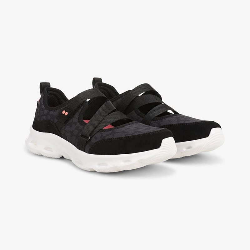 Ryka Activfoam Mary Jane Walking Sneakers Black Leopard Fabric 9.0 M Arch Support, Lightweight