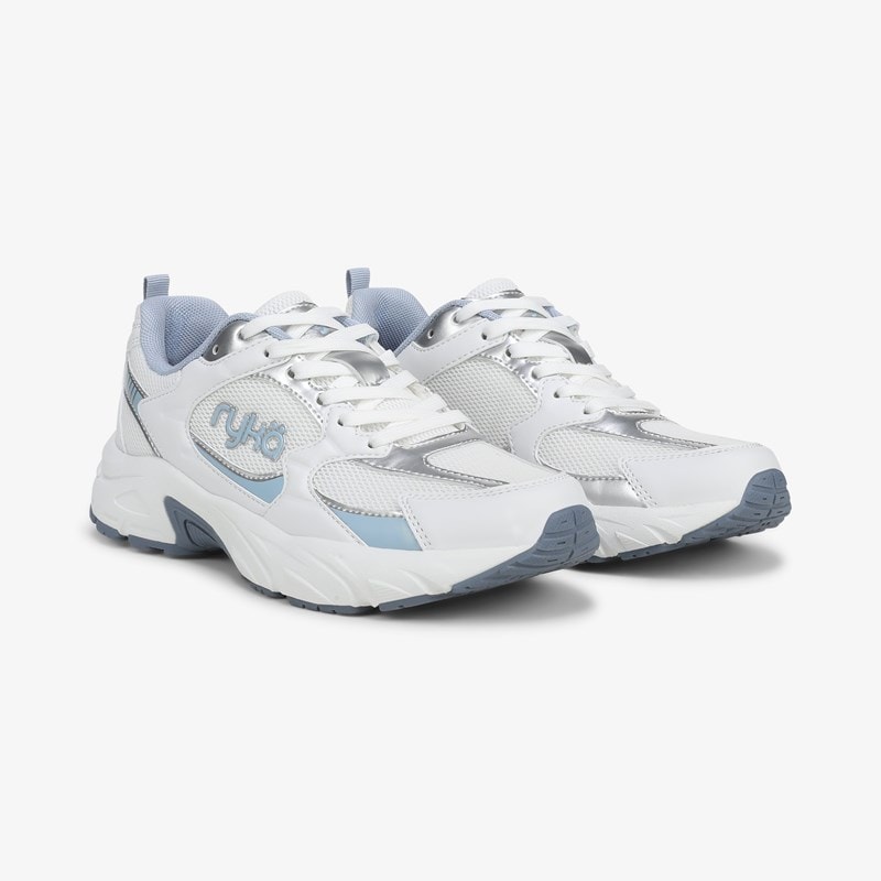 Ryka Generation Walking Sneakers White/Blue Leather/Mesh 8.0 M Lightweight